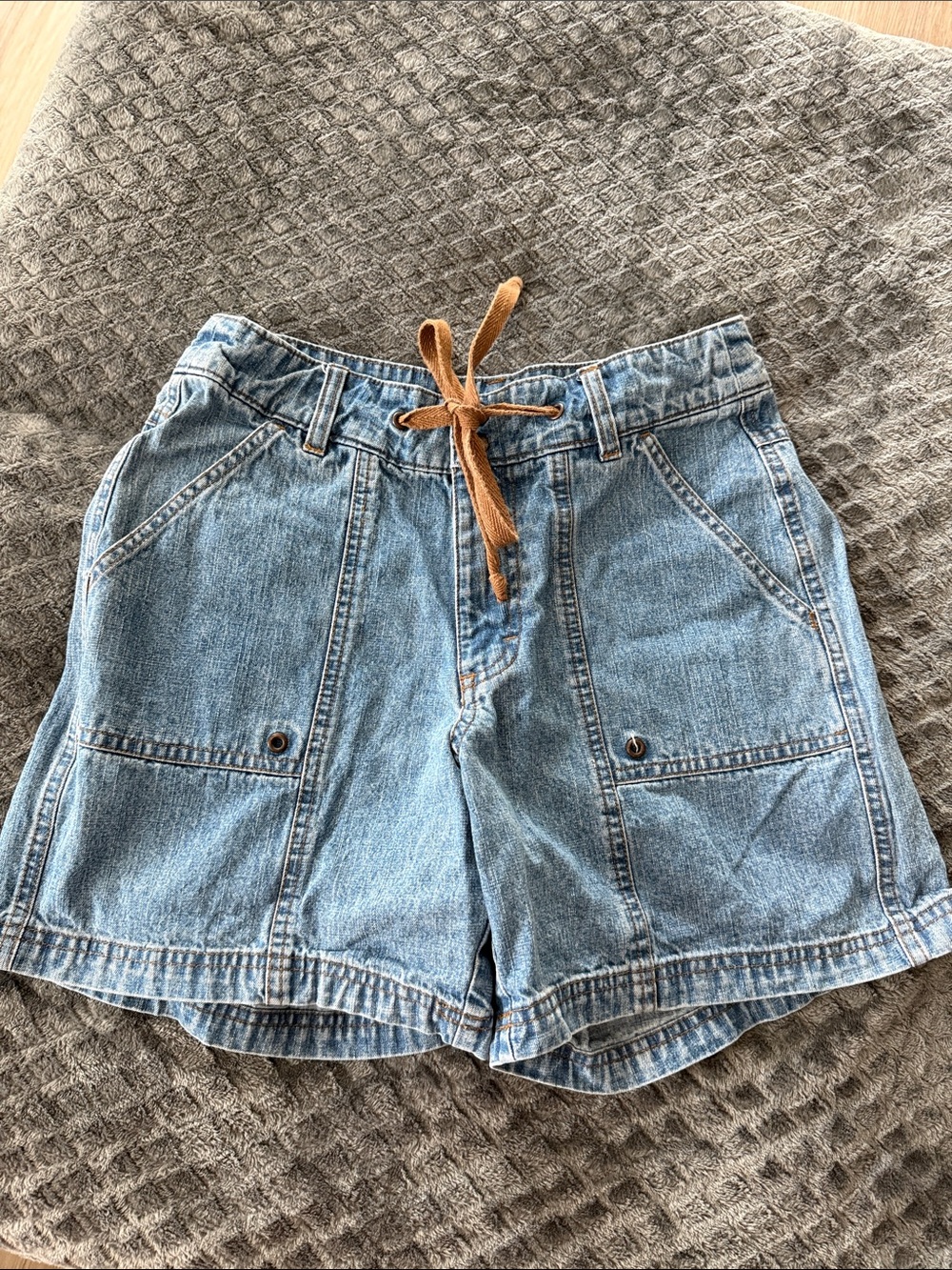 High-Rise Light Blue Denim Drawstring Shorts